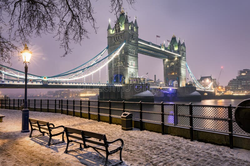 View to the Tower Bridge of London on a cold winter night