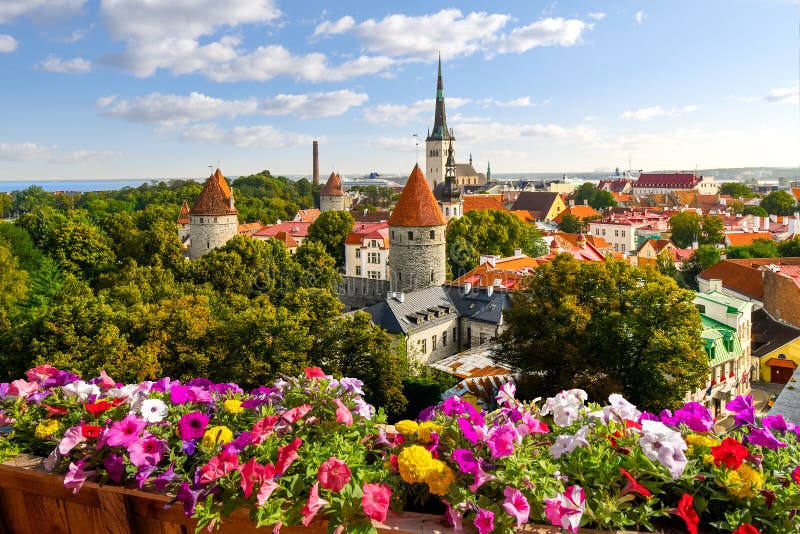 View from the Toompea Hill Lookout over the medieval walled city of Tallinn Estonia, on the Baltic Coast royalty free stock photo View from the Toompea Hill Lookout over the medieval walled city of Tallinn Estonia, on the Baltic Coast royalty free stock photo