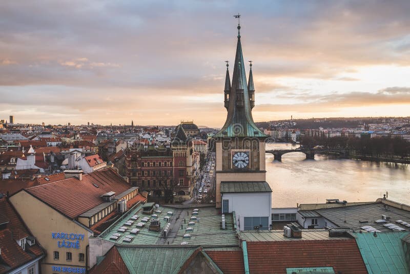 The view from the top of the Charles bridge tower over the old town center of the Czech capital at the sunset time in winter stock image The view from the top of the Charles bridge tower over the old town center of the Czech capital at the sunset time in winter stock image