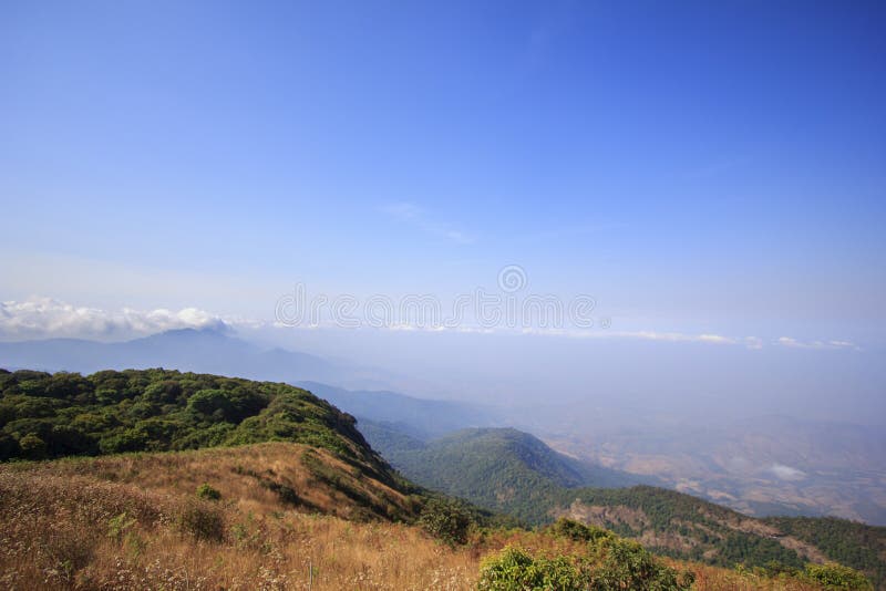 View of top of mountain and blue sky at Kio Mae Pan, Doi Inthanon National Park, Chiang Mai, Thailand