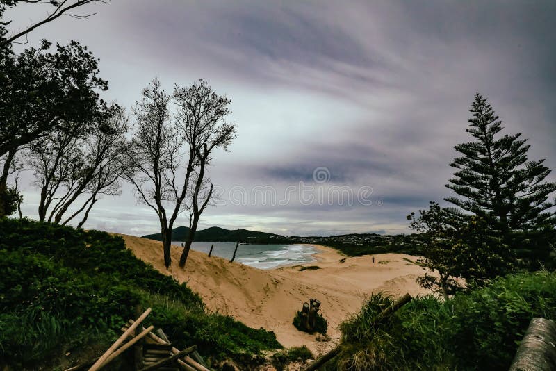 View from top of the sand dune at One Mile Beach, Forster NSW Australia