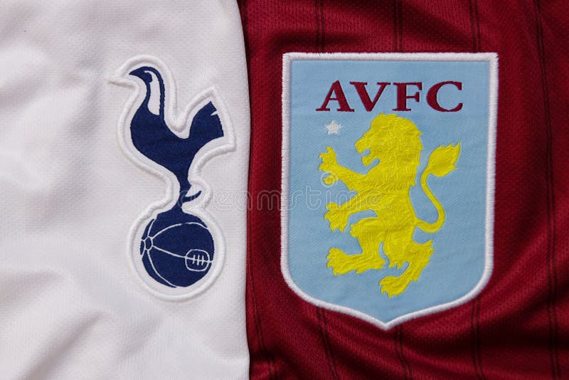 View of Tottenham Hotspur Against Aston Villa Football Club Crest on Jersey stock photos