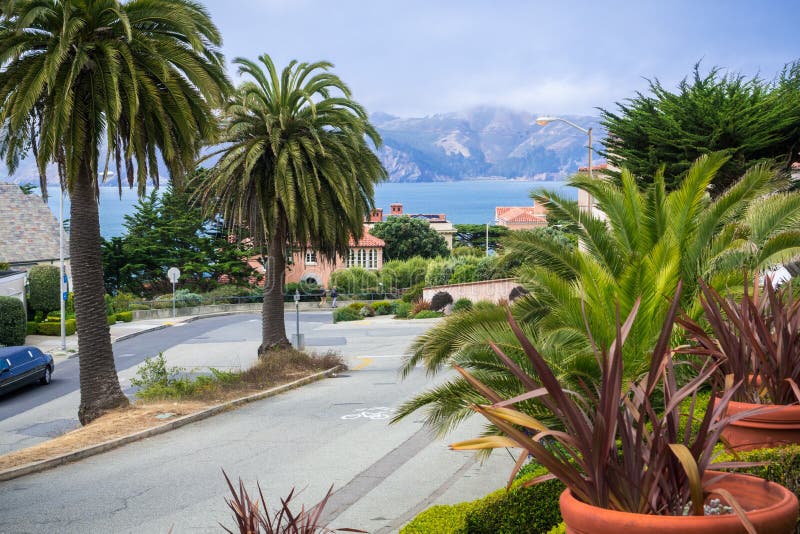 View towards the bay from the hills of the Sea Cliff neighborhood, Golden Gate bridge in the background, San Francisco, California royalty free stock photography View towards the bay from the hills of the Sea Cliff neighborhood, Golden Gate bridge in the background, San Francisco, California royalty free stock photography