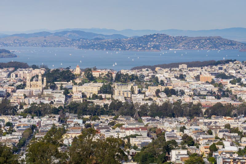 View towards Pacific Heights and Marina District neighborhoods; San Francisco bay and Belvedere in the background, San Francisco