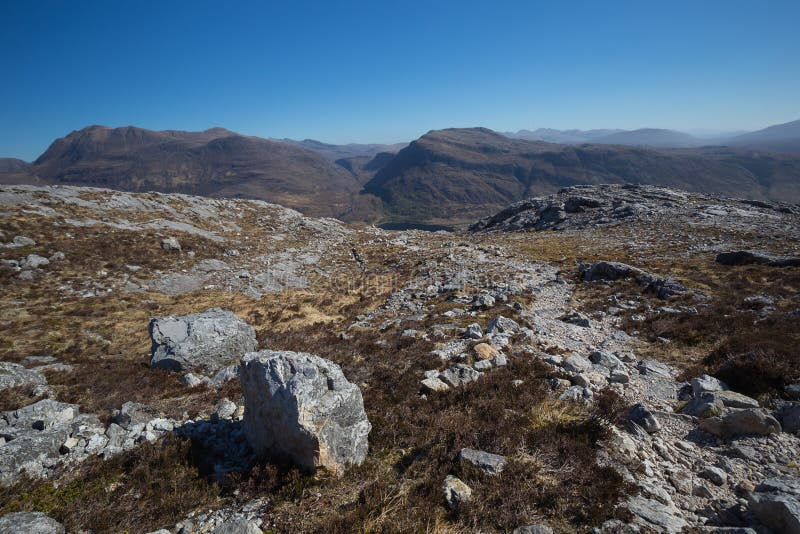 View towards Slioch from the Mountain trail in Beinn Eighe National Nature Reserve royalty free stock images View towards Slioch from the Mountain trail in Beinn Eighe National Nature Reserve royalty free stock images
