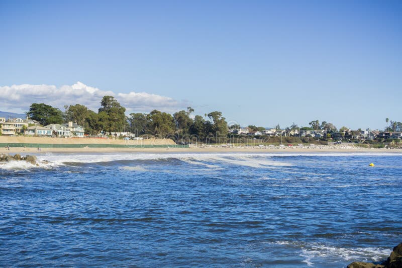 View towards Twin Lakes State Beach from the nearby jetty, Santa Cruz, California royalty free stock photo View towards Twin Lakes State Beach from the nearby jetty, Santa Cruz, California royalty free stock photo