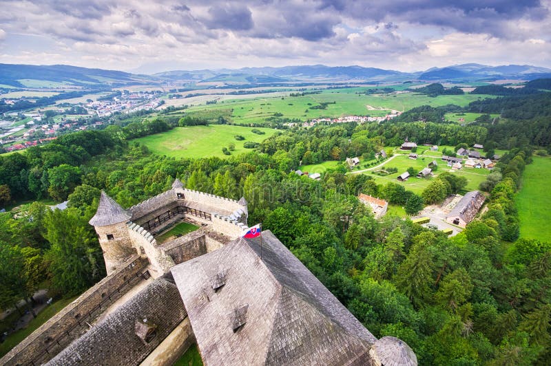 View from tower of Stara Lubovna castle towards open air museum