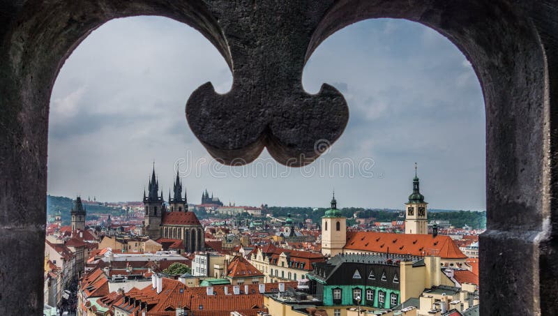 View from tower window in downtown Prague