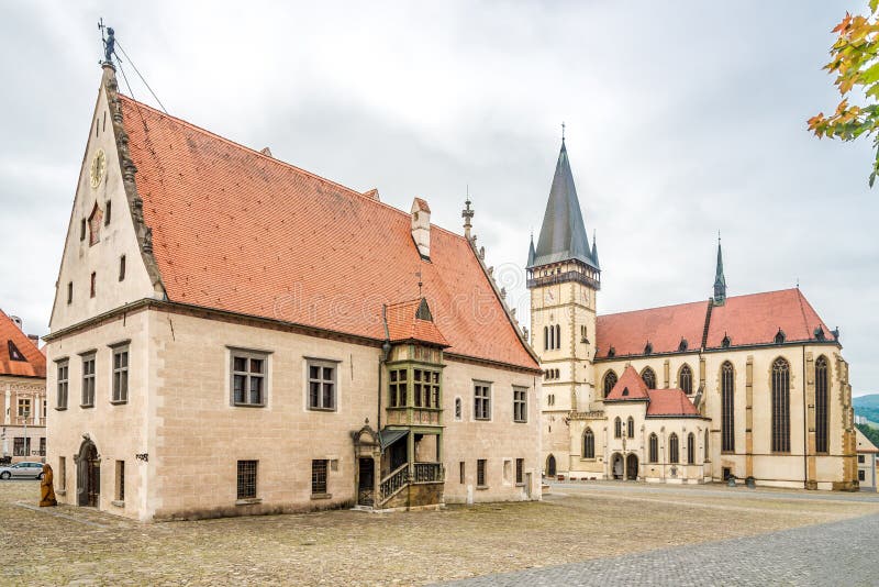 View at the Town hall place with Basilica of St.Aegidius and Town hall in Bardejov, Slovakia