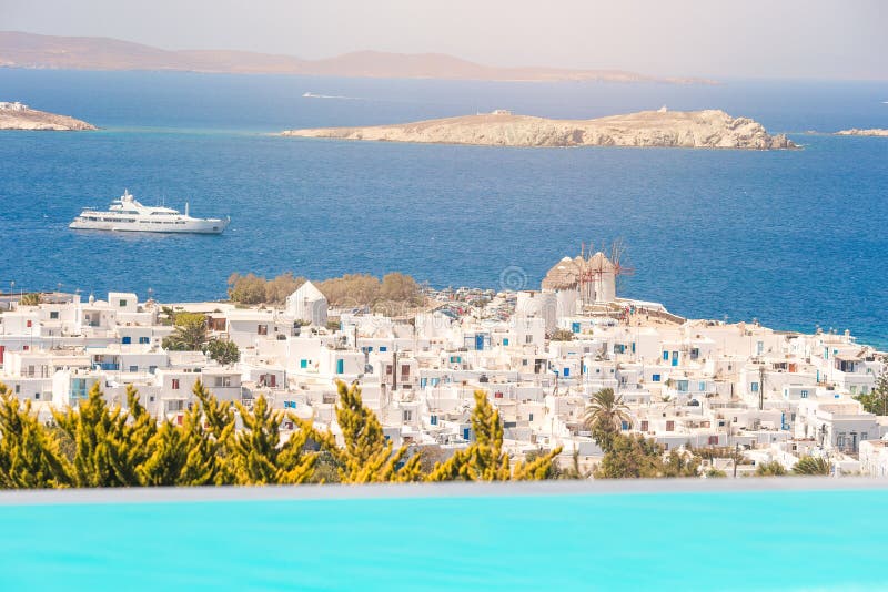 View of Traditional Greek Village with White Houses on Mykonos Island ...