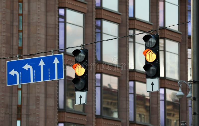 View of Traffic Lights and Road Signs in City Stock Photo Image of