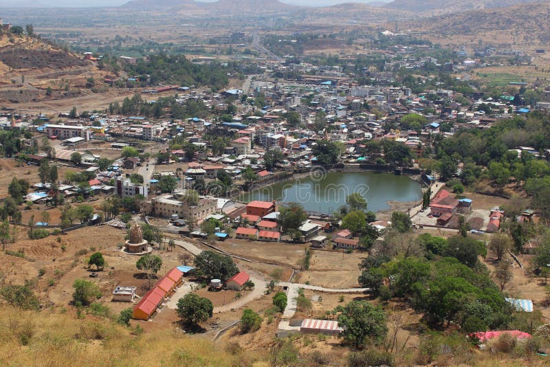 View of Trimbakeshwar village from Brahmagiri is a mountain range, Nashik