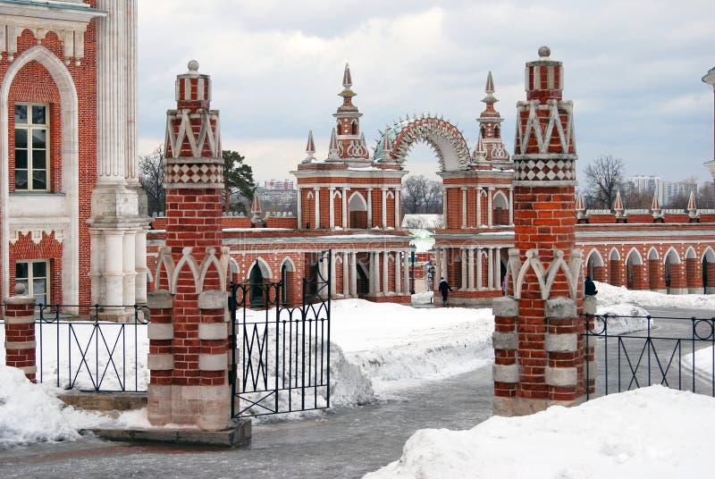 MOSCOW - FEBRUARY 01, 2015: View of Tsaritsyno park in Moscow, Russia, in winter. A popular touristic landmark.