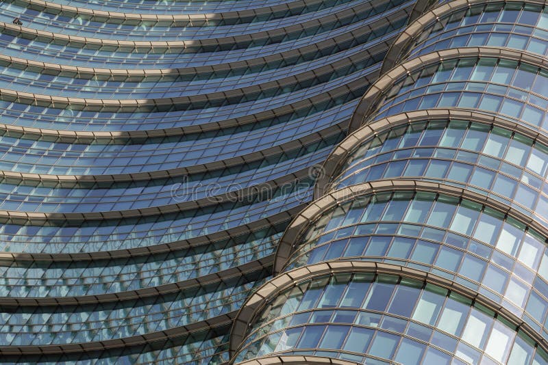 View of the Unicredit tower and Piazza Gae Aulenti in the business district of Porta Garibaldi, fragment of glass and steel modern stock images