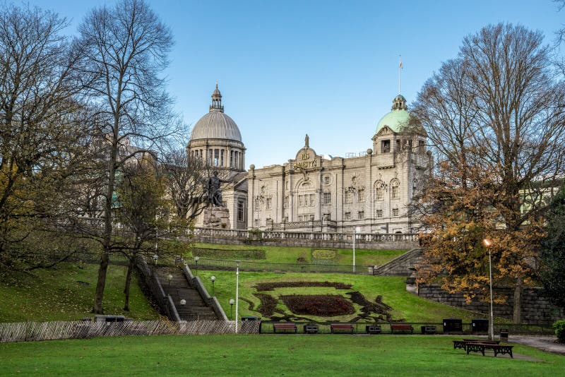 A view from Union Terrace Gardens to His Majesty Theatre and Aberdeen city Coat of Arms, Scotland. November 2017 royalty free stock images