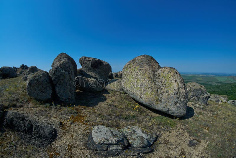 A view of unique stones and rocks in Macin mountains natural park.