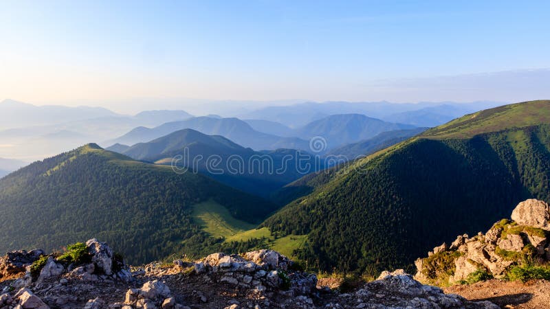 View from Velky Rozsutec in Mala Fatra. View of a hilly landscape from above