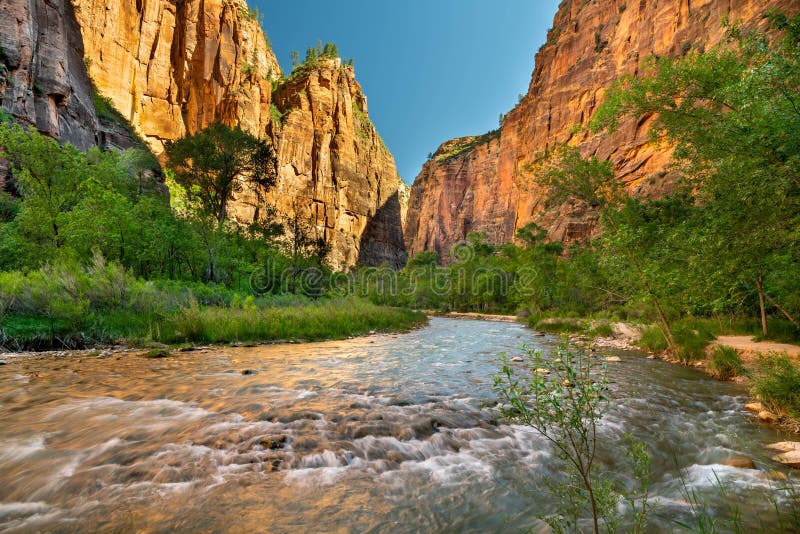 View of the Virgin River towards the Narrows location. View of the Virgin River towards the narrows of the of Zion National Park stock photography View of the Virgin River towards the Narrows location. View of the Virgin River towards the narrows of the of Zion National Park stock photography