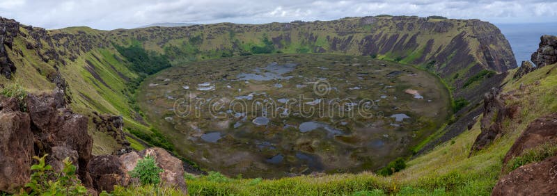View at Volcano Crater Rano Kau on Easter Island, Chile Stock Photo