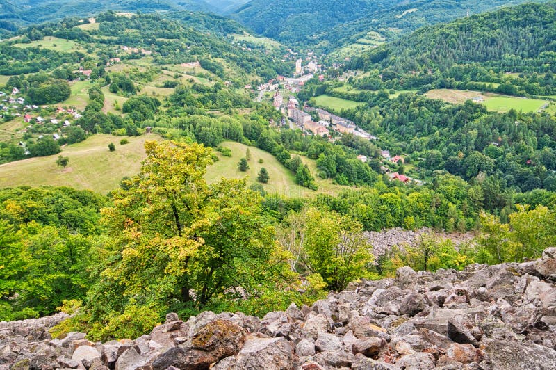 View at Vyhne village from stone sea at the foot of the Kamenna hill