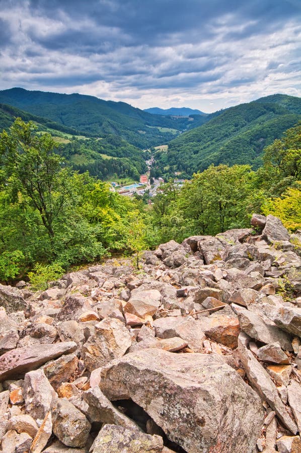 View at Vyhne village from stone sea at the foot of the Kamenna hill