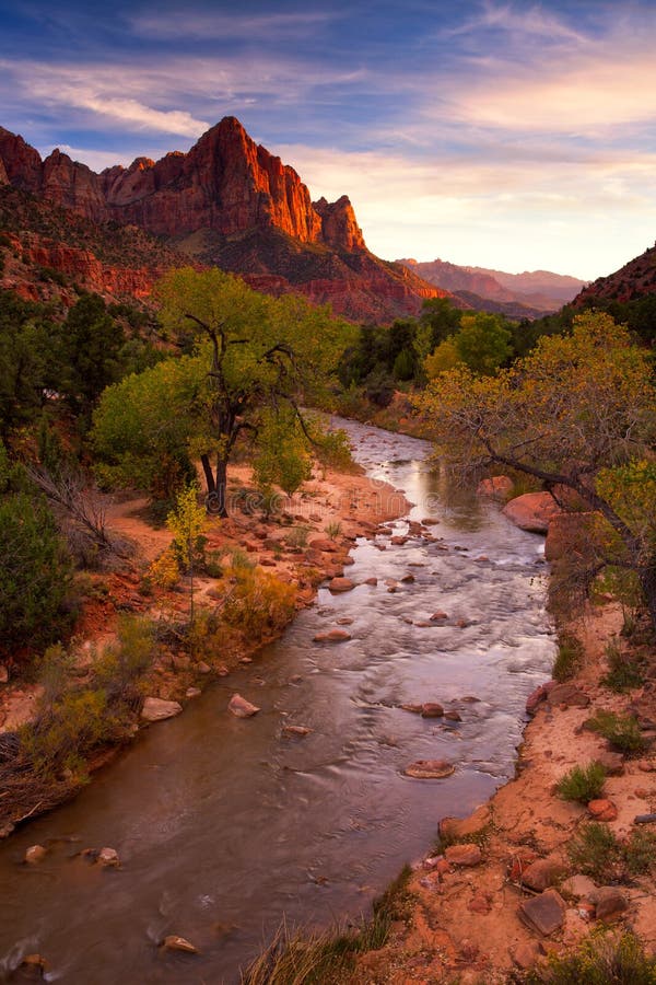 View of the Watchman mountain and the virgin river in Zion National Park located in the Southwestern United States, Utah stock photos View of the Watchman mountain and the virgin river in Zion National Park located in the Southwestern United States, Utah stock photos