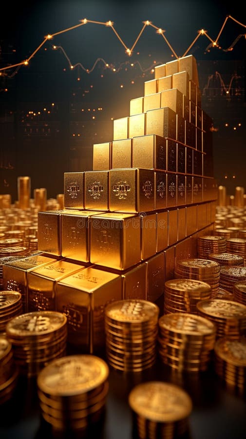 View Wealth Accumulation Table with Gold Bars and Rising Graph Stock