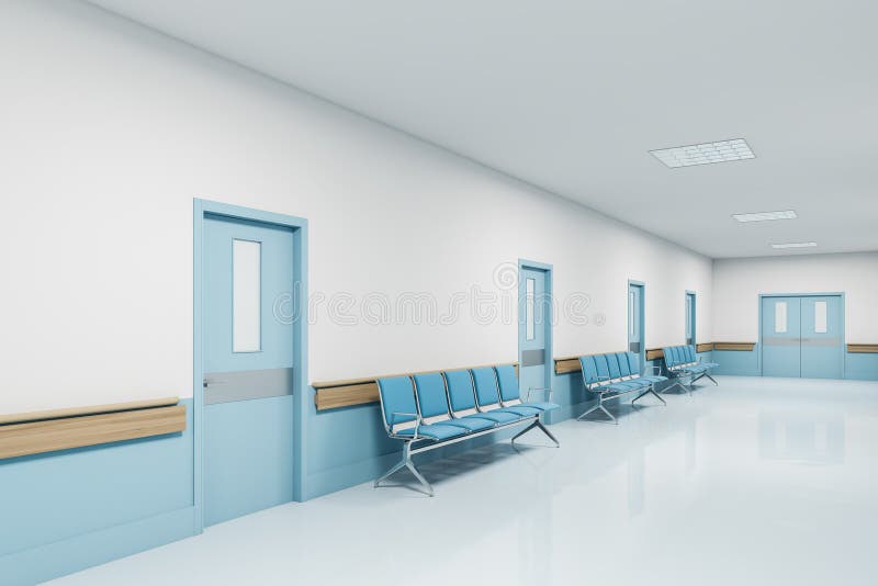 View of white and blue hospital corridor