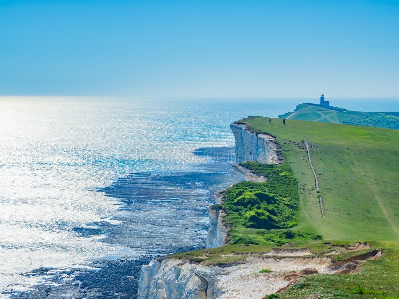 View of the White Chalk Headland Cliffs and Beachy Head Lighthouse in ...