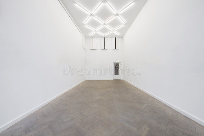 A view of a white painted interior of an empty room or an art gallery with a skylight lighting and concrete floors