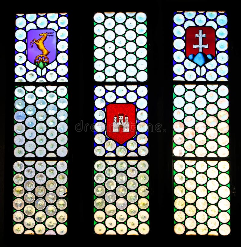 View of window with coat of arms in old town hall in Bratislava, Slovakia