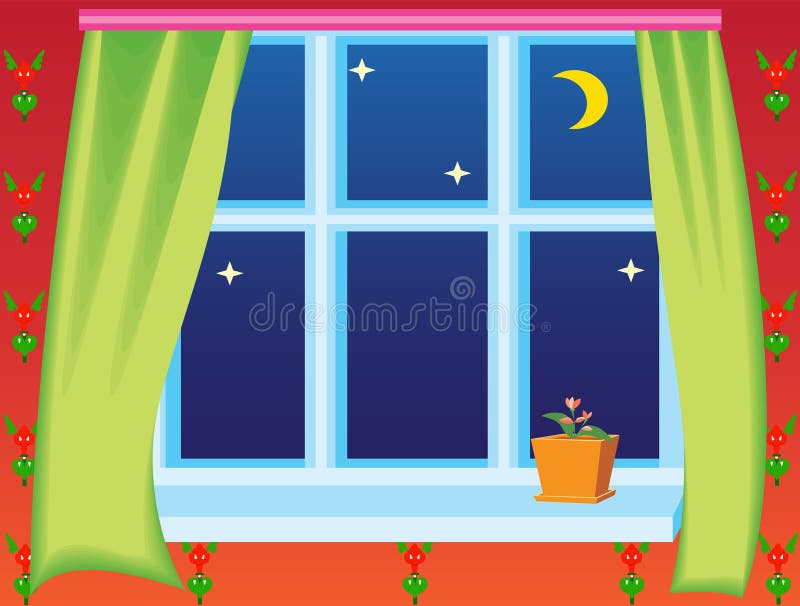 Crescent Moon in Night Sky Shining through a Bedroom Window Stock