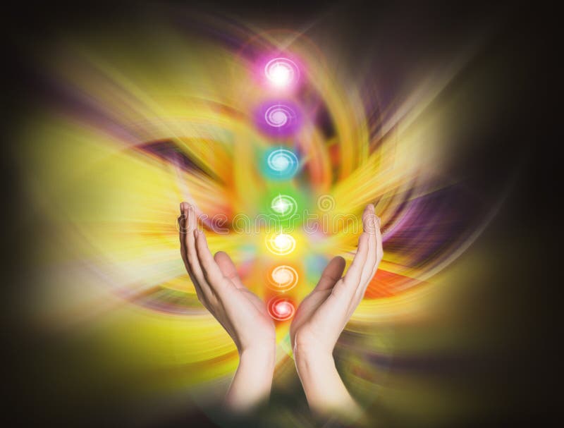 View of woman and chakra points. Healing energy