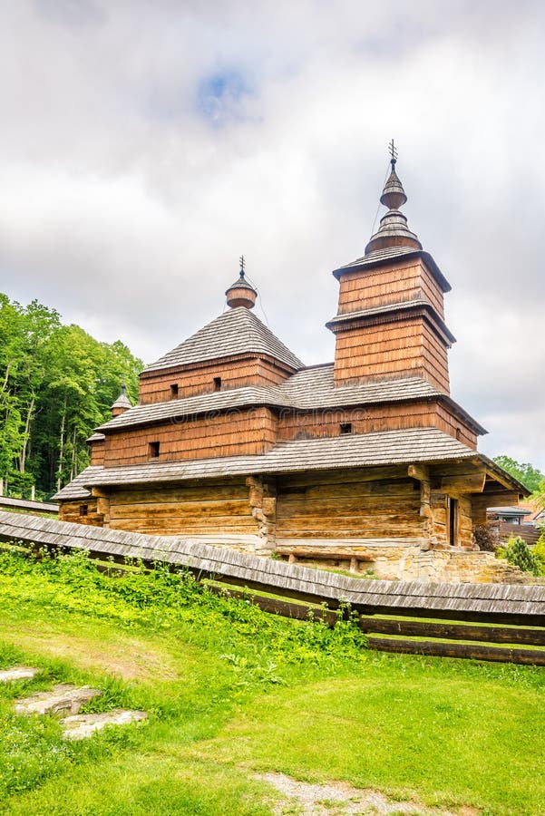 View at the Wooden church Church of St.Nicholas from Mikulasova in Bardejovske kupele town, Slovakia