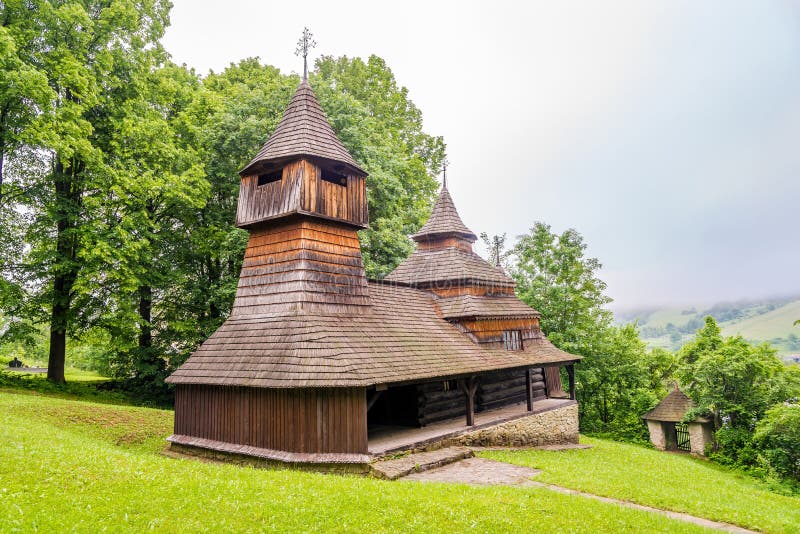 View at the Wooden Church of Saint Kozma and Damian in Lukov, Slovakia