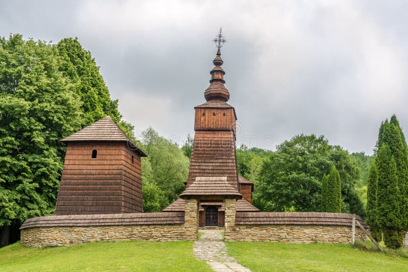 View at the Wooden Church of St.Paraskeva in village Potoky, Slovakia