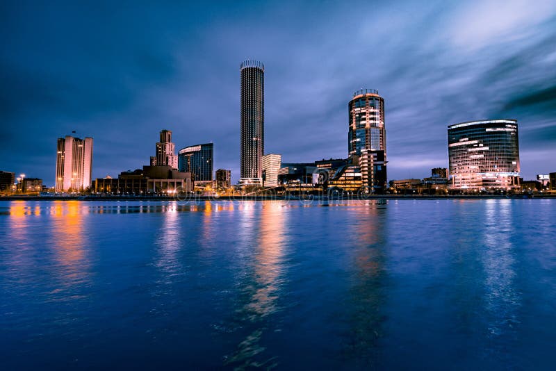 View of the Yekaterinburg City and the Iset River at the Night Stock ...