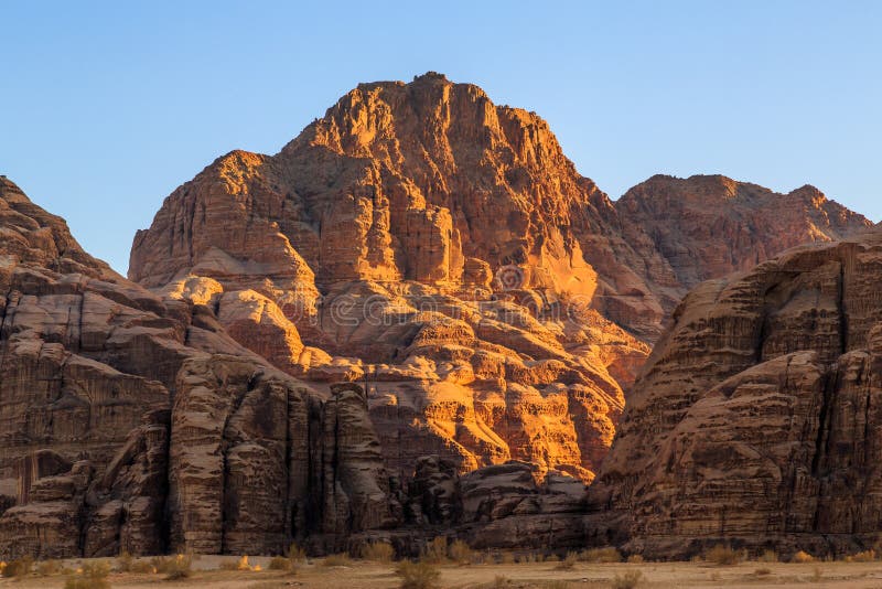 View of the yellow colored mountain rocks in the Wadi rum desert