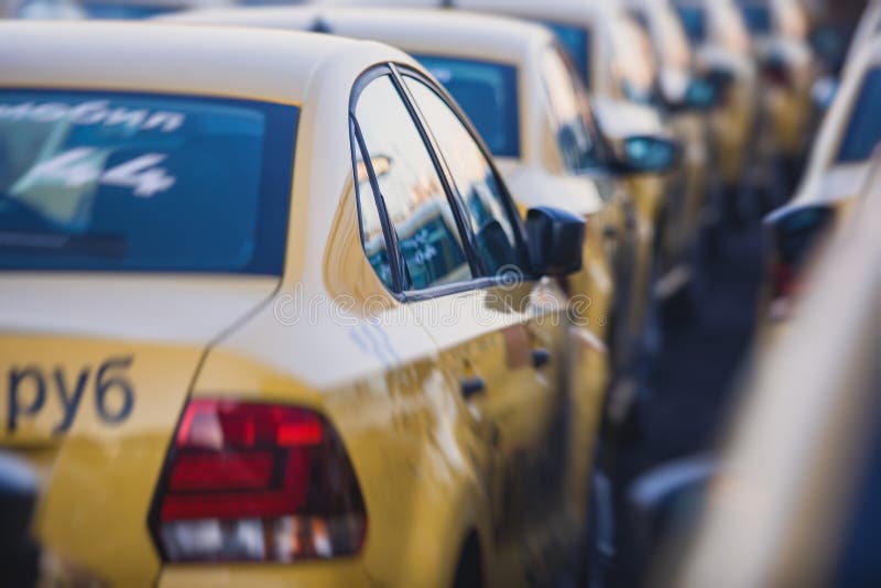 View of Yellow Taxi Cab Parking Lot with Yellow Cars Standing, Set of ...