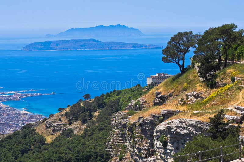 Viewpoint at Egadi islands from a top of a cliff at Erice, Sicily