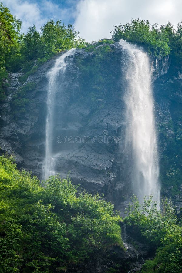 Views of the Green Mountains with the Highest Waterfall Stock Image
