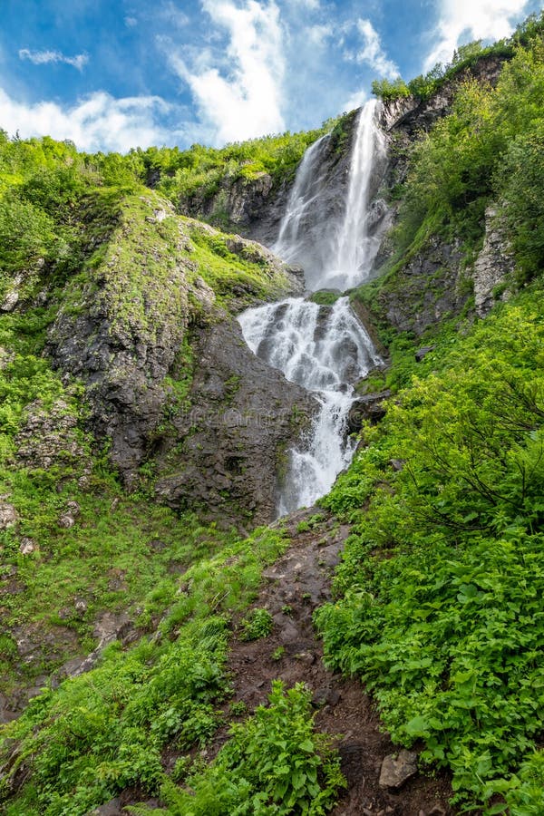 Views of the Green Mountains with the Highest Waterfall Stock Image