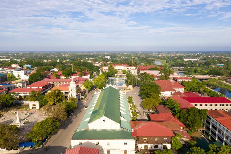 Vigan Cathedral`s Spanish colonial bell tower. City landscape in the morning, view from above