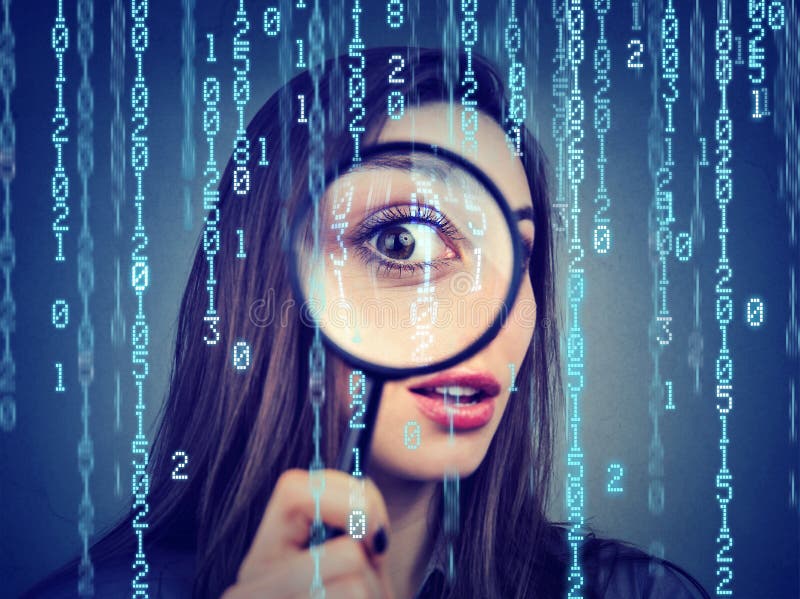 Investigation surveillance of cyber crime concept. Curious woman looking through a magnifying glass and computer binary code background. Investigation surveillance of cyber crime concept. Curious woman looking through a magnifying glass and computer binary code background