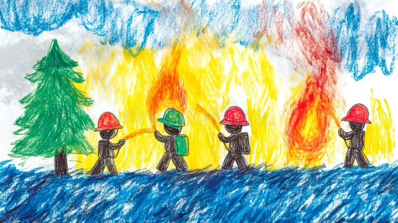 Vigili del fuoco che estinguono un incendio con stile di disegno di crayon royalty illustrazione gratis