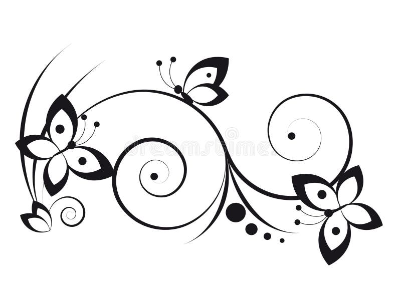 Black and white vignette in a graphic style with butterflies and scrolls. Black and white vignette in a graphic style with butterflies and scrolls