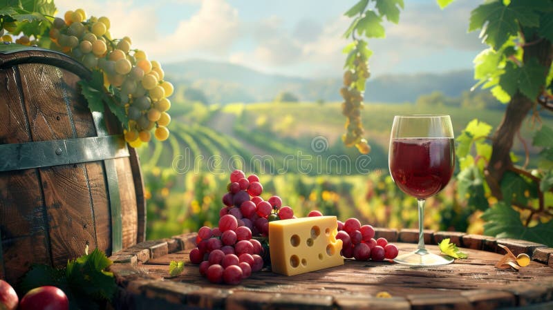 Vigneti con vino e formaggio. Generato dall'AI fotografie stock