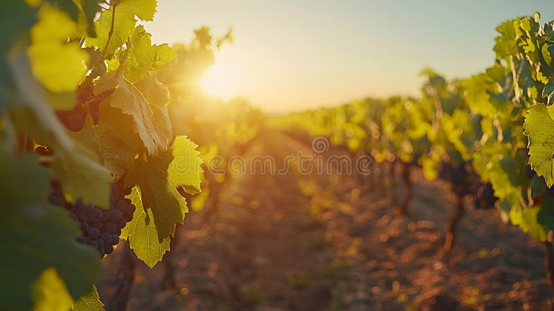 Vigneti senza fine si stendono sotto un sole dorato al tramonto. Generative AI fotografia stock
