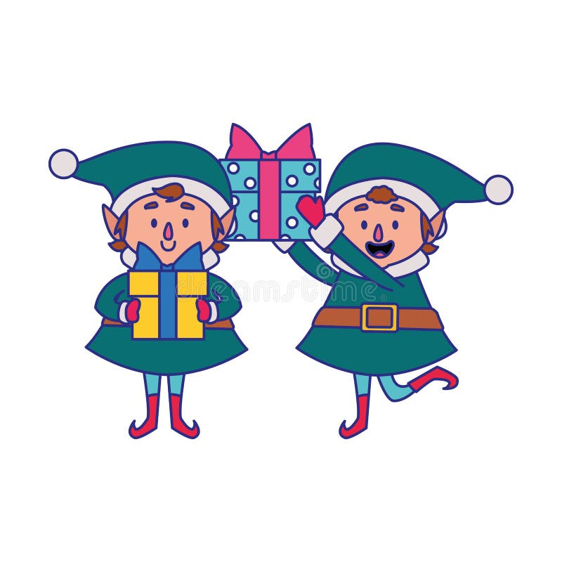 Vignetta di elfi natalizi con scatole regalo