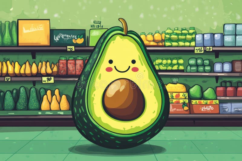 Vignetta di grandi dimensioni avocado con colori vivaci in un negozio di alimentari allegro pieno di prodotti freschi e fotografie stock